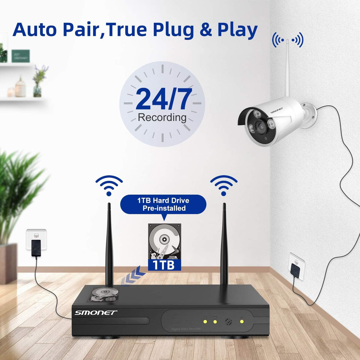 8 Channel 1080P Wireless Security Camera System with 12" Monitor 2TB Hard Drive 4pcs Indoor Outdoor IP Cameras Night Vision I972