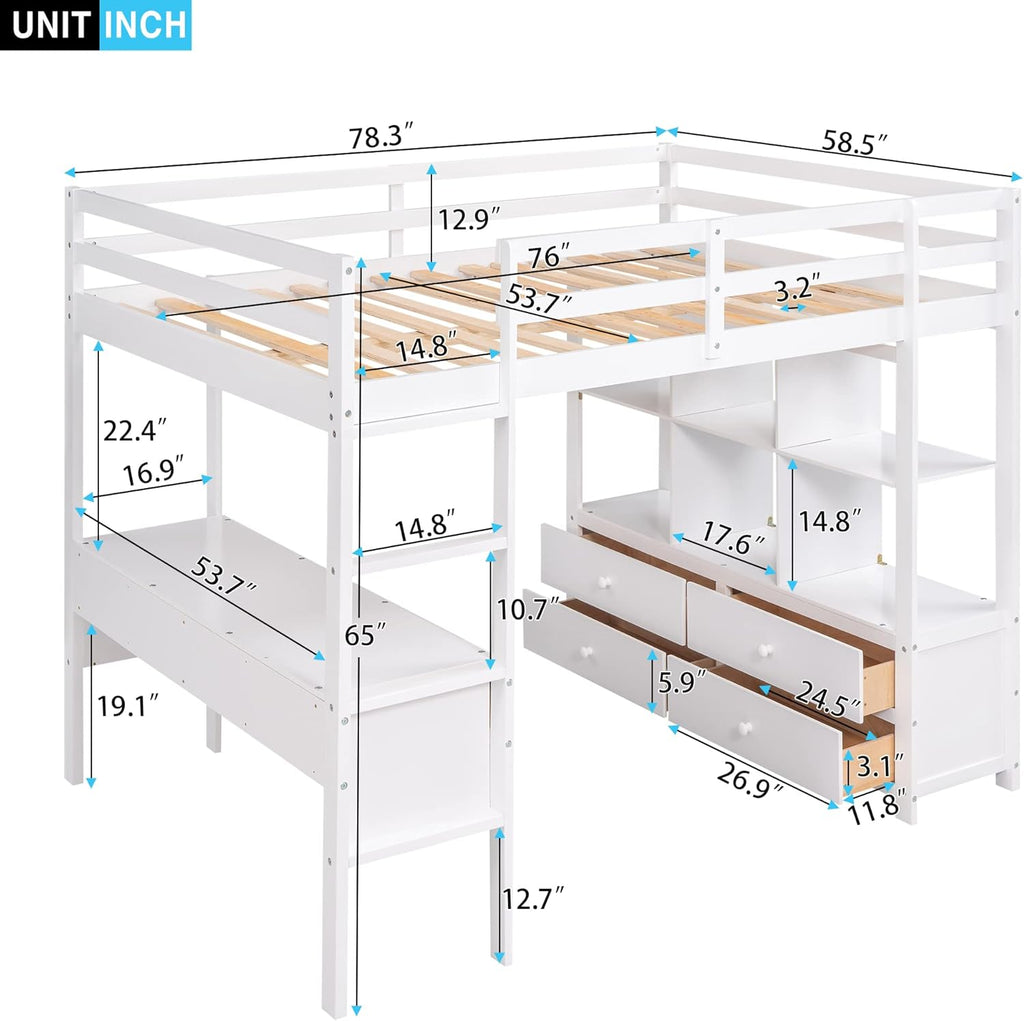 White Full Size Loft Bed with Built-in Desk, 2 Drawers and Storage Shelves I18838