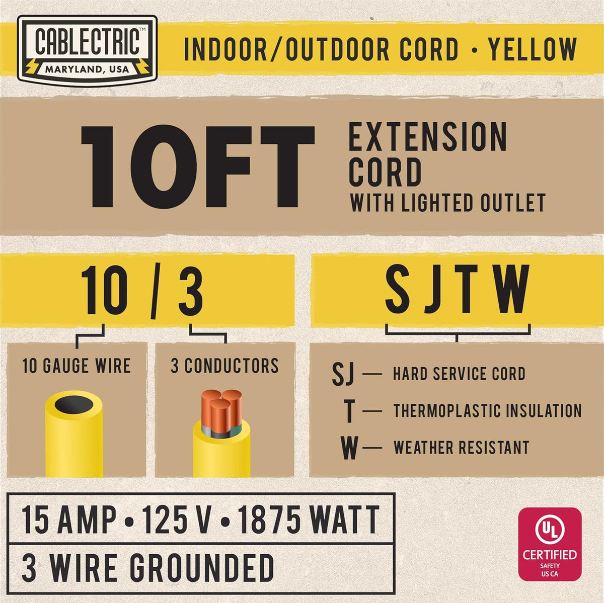 75 Ft 10 Gauge Yellow Heavy Duty Extension Cord Z493