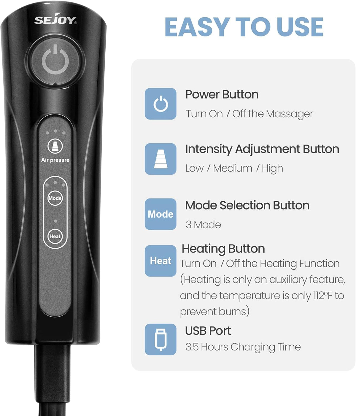 Leg Massager with Air Compression and Heat, Foot and Calf Massage Machine with Hand-held Controller E973954