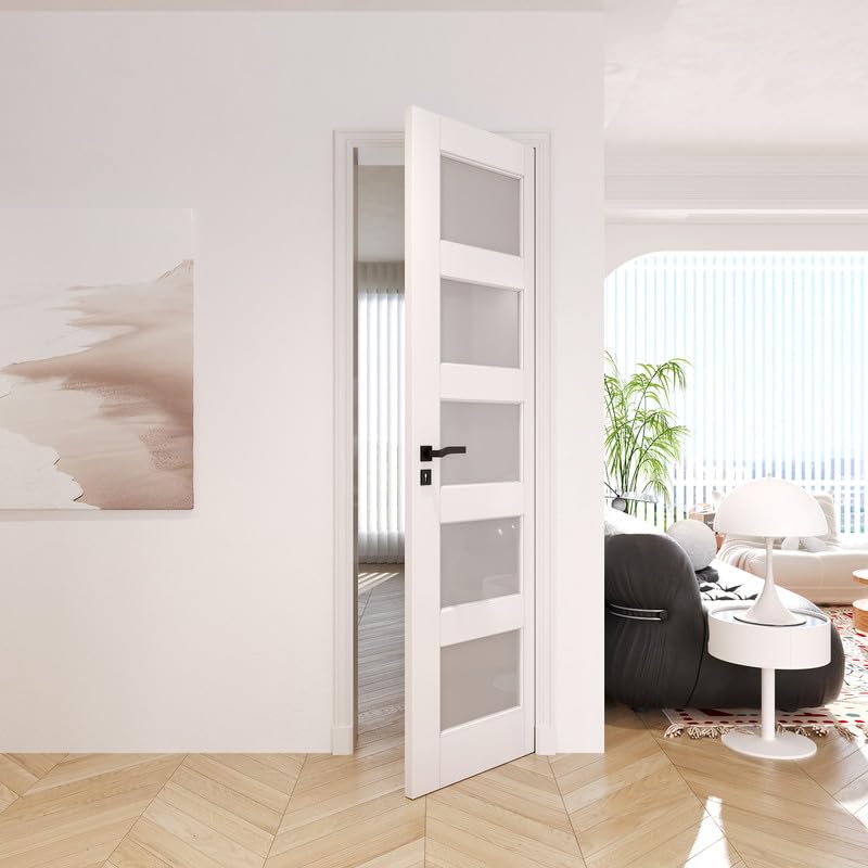 24" x 80" Slab Doors 5-Lite Tempered Frosted Glass Interior French Door, Solid MDF Door PVC Surface Single Panel Slab M69898
