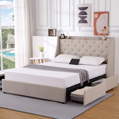 Full Size Upholstered Platform Bed with Button Tufted Storage Headboard and 4 Storage Drawers S64261