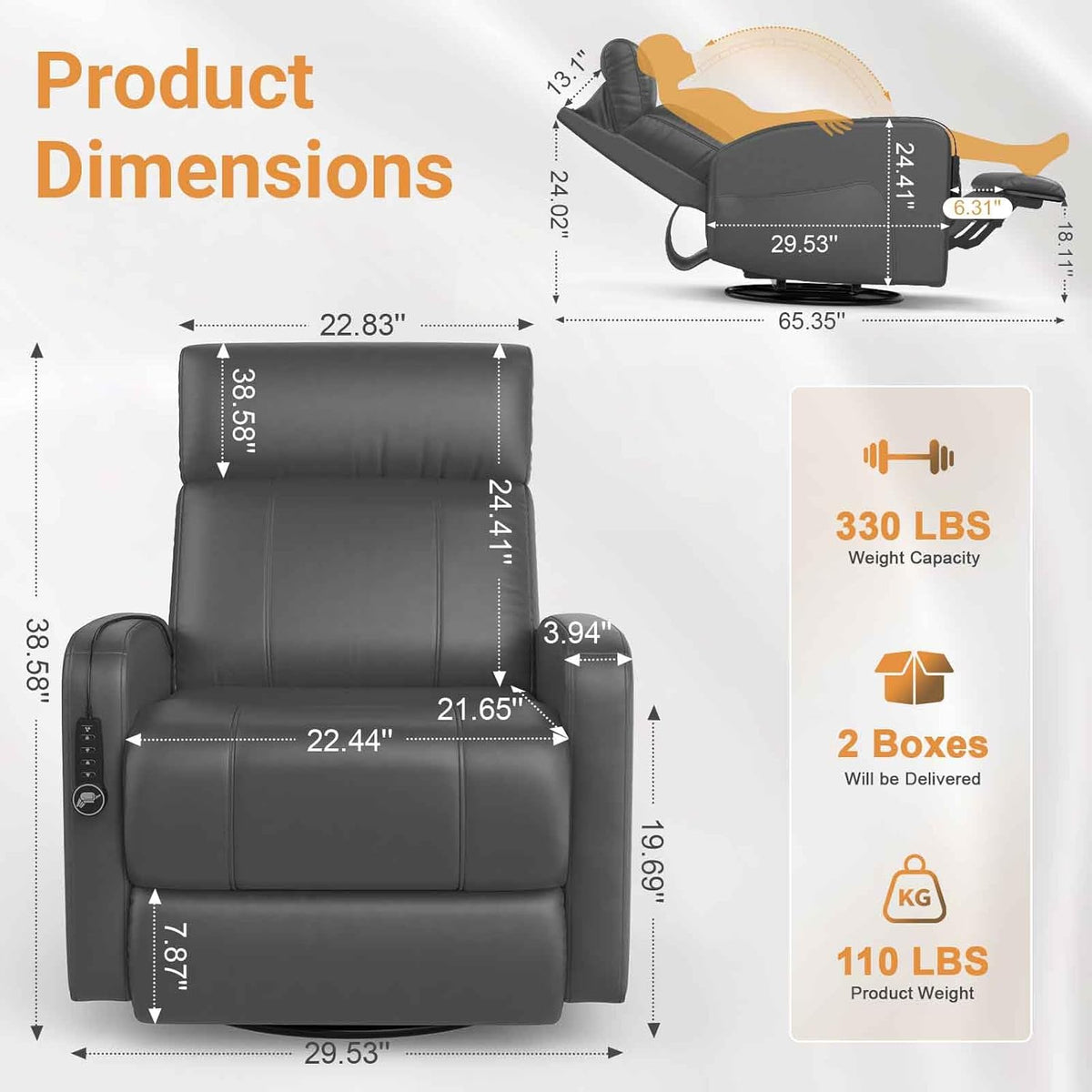 Grey PU Leather Power Recliner Swivel Glider Chair with USB & Type C Ports D2653