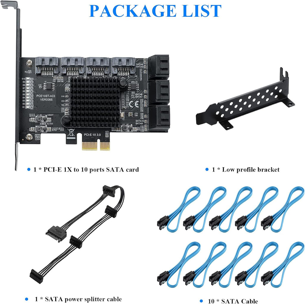 PCIE 1X 10 Ports 6 Gbps SATA 3.0 Expansion Card with Low Profile Bracket and 10 SATA Cables K408