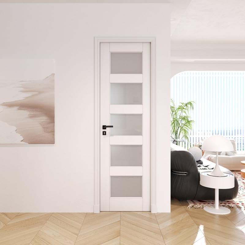 24" x 80" Slab Doors 5-Lite Tempered Frosted Glass Interior French Door, Solid MDF Door PVC Surface Single Panel Slab M69898