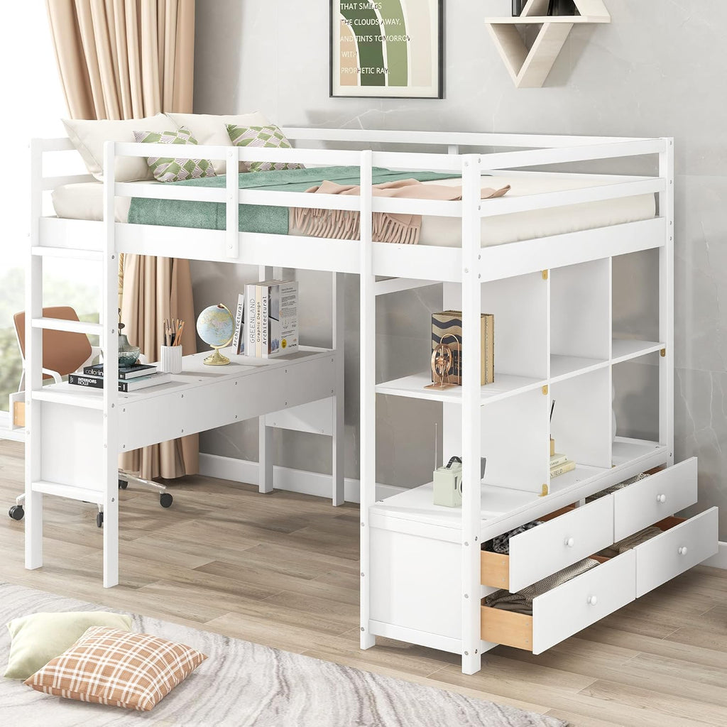 White Full Size Loft Bed with Built-in Desk, 2 Drawers and Storage Shelves I18838
