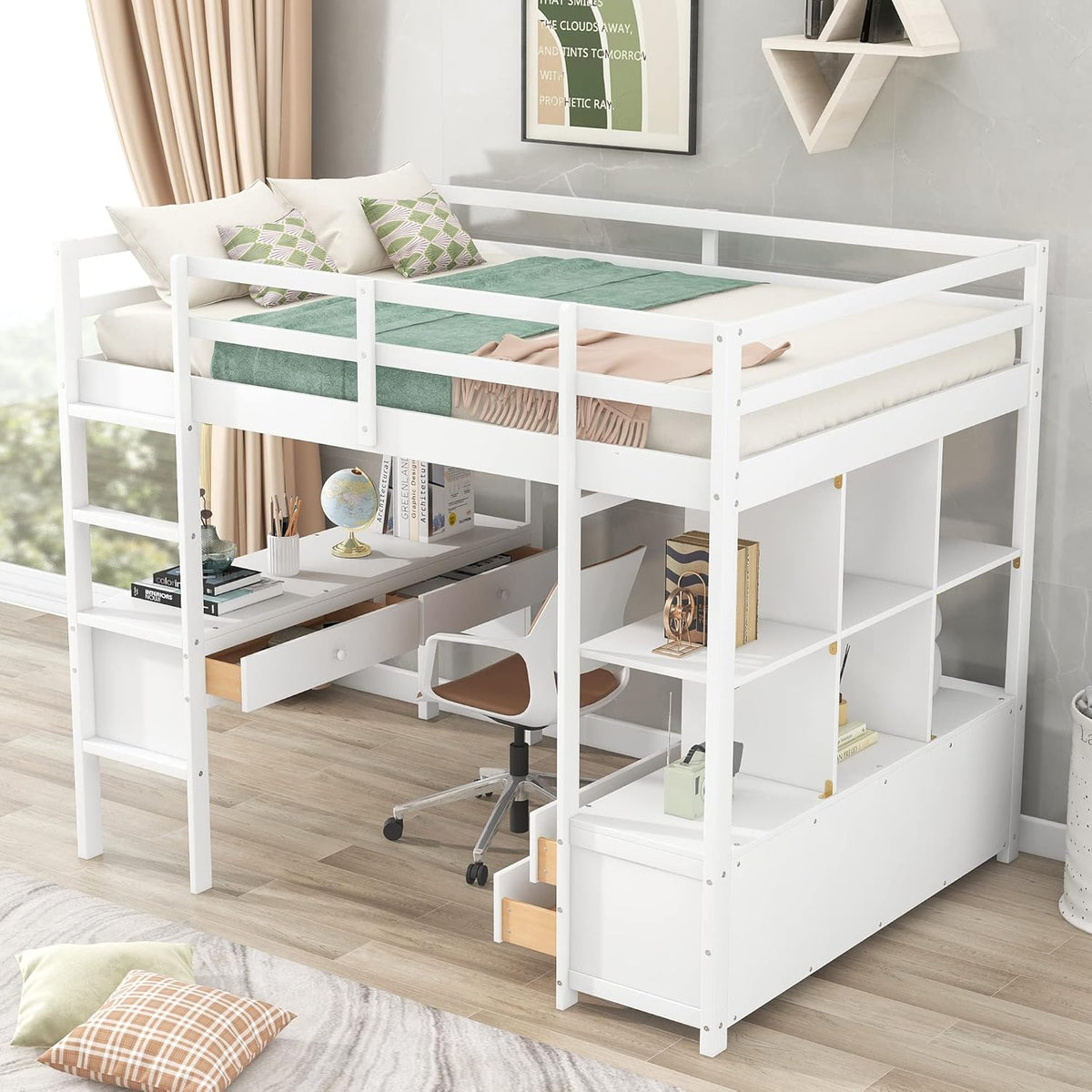 White Full Size Loft Bed with Built-in Desk, 2 Drawers and Storage Shelves I18838