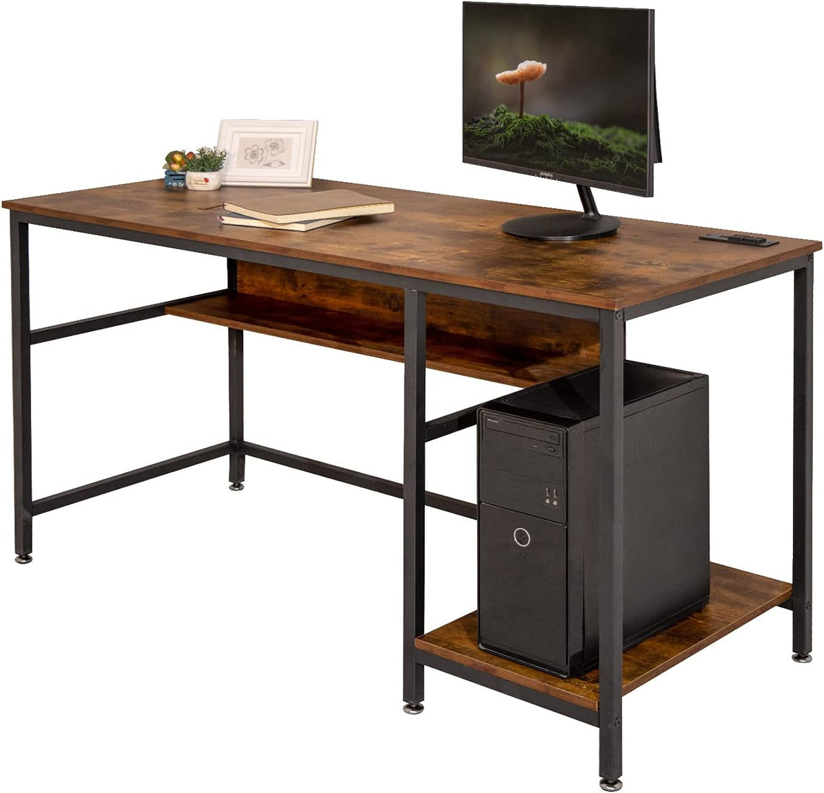 Rustic Brown 55 Inch Computer Desk with Power Outlet and Storage Shelves Q60356