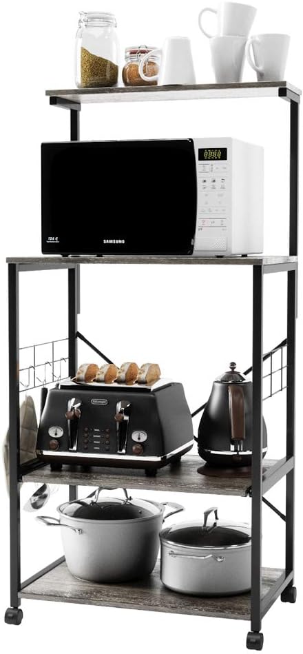 4 Tier Kitchen Utility Storage Shelf Cart on Wheels with Side Hooks (Gray) N84670