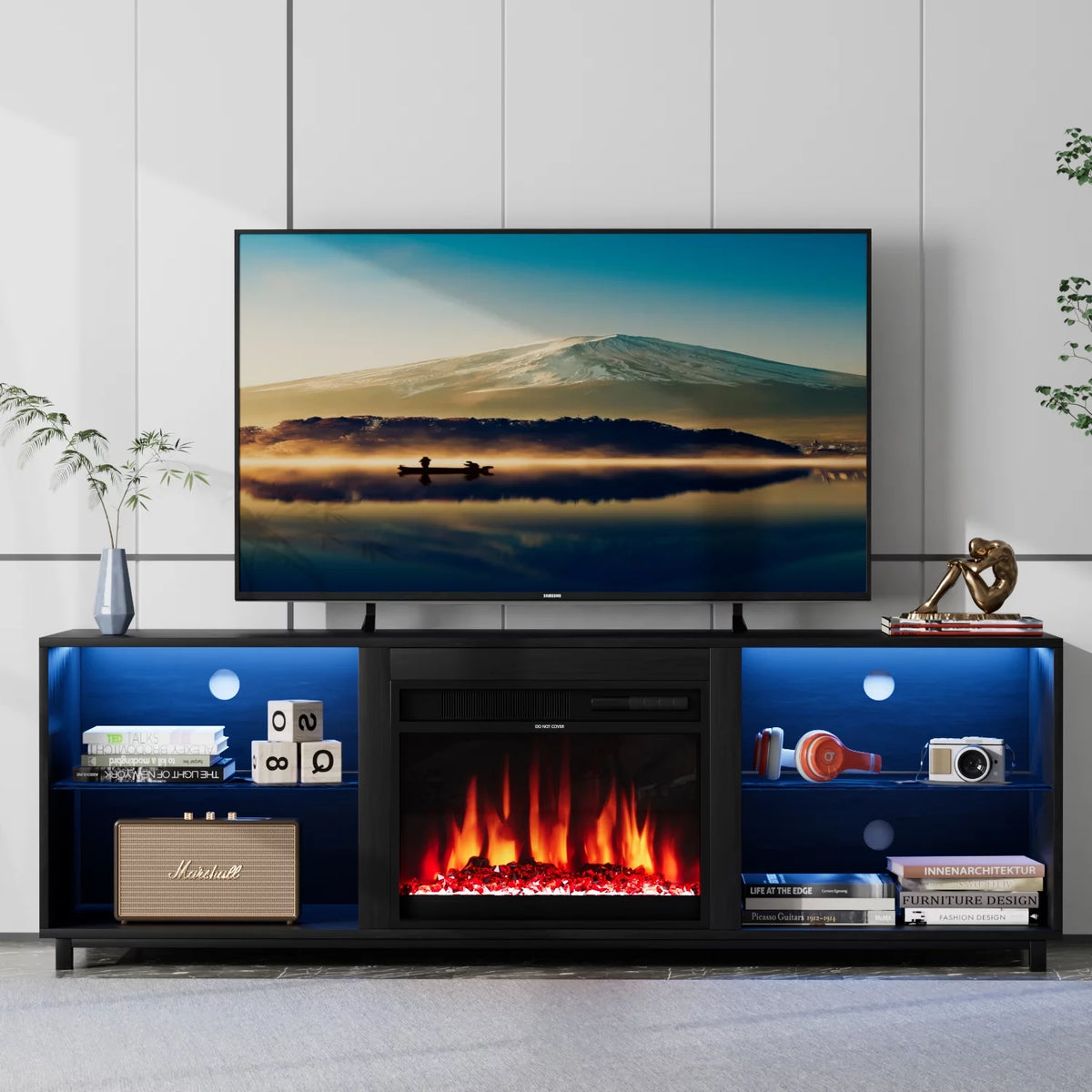Black Fireplace TV Stand up to 80" with LED Light J4550