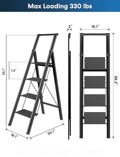 4 Step Ladder, Lightweight Portable Folding with Anti-Slip Wide Pedal, 330lb Capacity Aluminum, Black Z778994