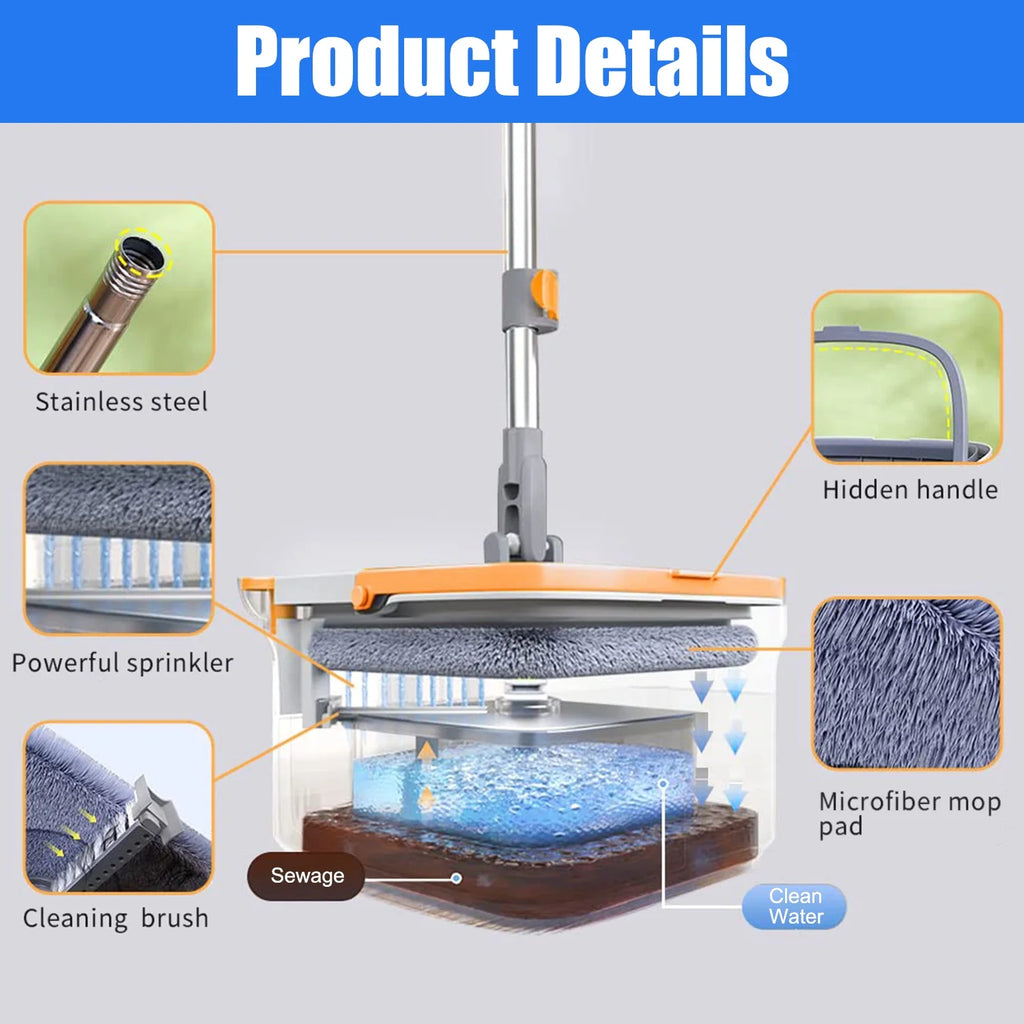 6 Packs Spin Mop and Bucket Set with Self Wringing 360° Rotating Square Mop-Head M75255