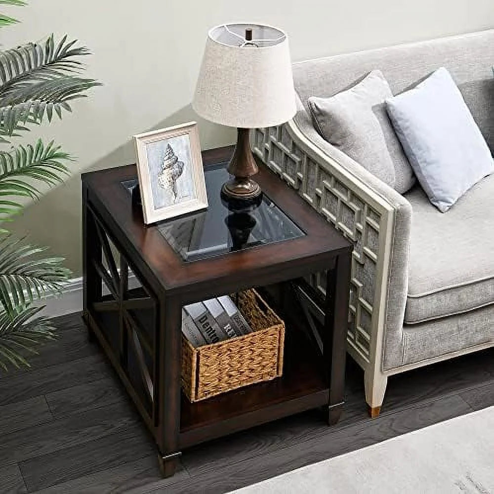 Rustic Brown End Table with Tempered Glass R582
