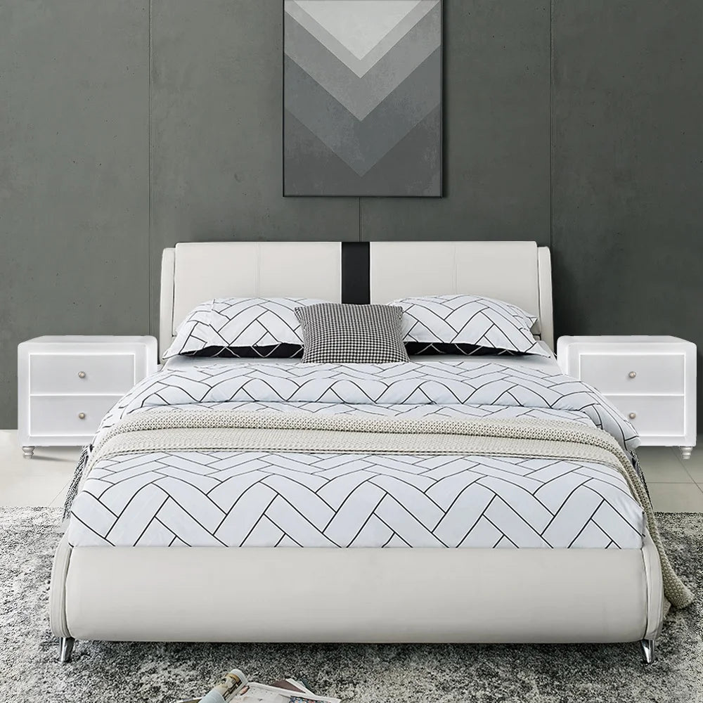 Queen White Platform Bedroom Set with Striped Headboard W96563