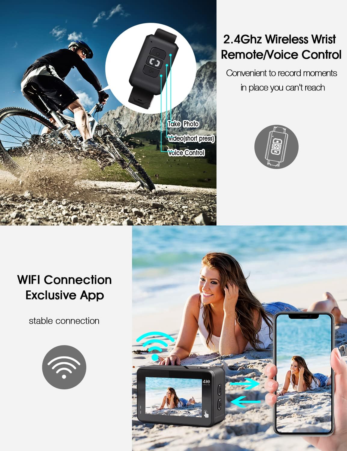 4K 60FPS Waterproof Action Camera with Stabilization, WiFi, Dual Screen, 2 Batteries N5616