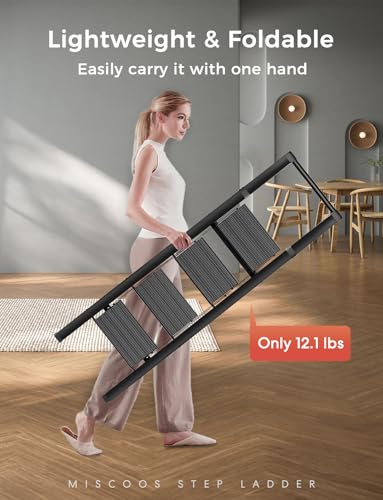 4 Step Ladder, Lightweight Portable Folding with Anti-Slip Wide Pedal, 330lb Capacity Aluminum, Black Z778994