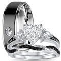 3 Piece Sterling Silver Black Wedding Band Engagement Ring Set U510