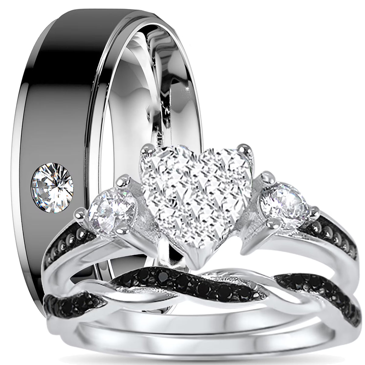 3 Piece Sterling Silver Black Wedding Band Engagement Ring Set U510