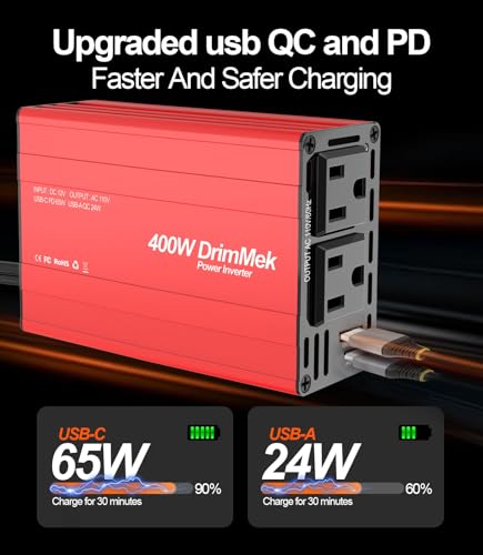 400W Car Power Inverter Dual DC 12V to 110V AC USB C 65W H38888