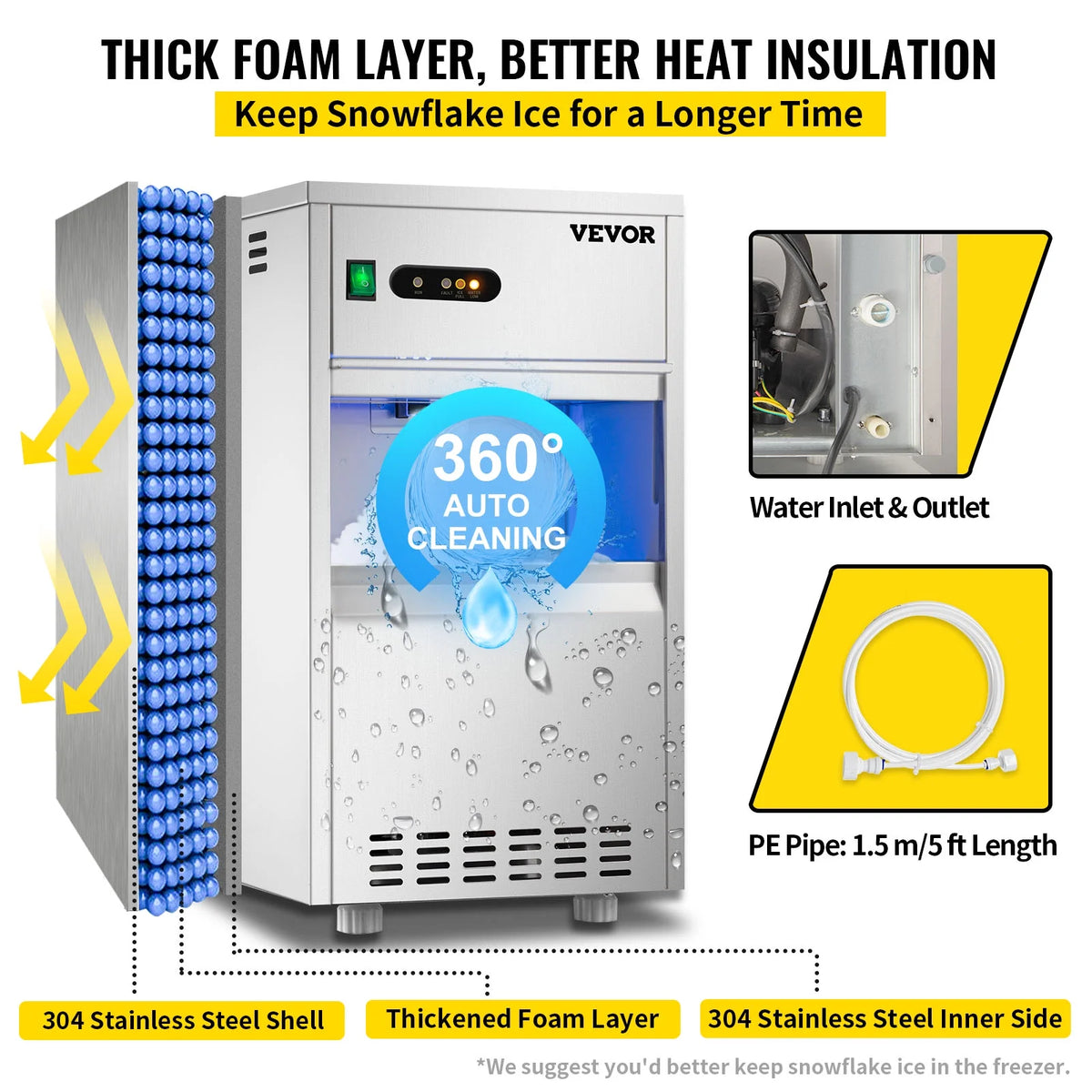 110V Commercial Snowflake Ice Maker 55lbs/24h, Food Grade Stainless Steel, Automatic Operation, Free Standing, Water Filter and Spoon G3292