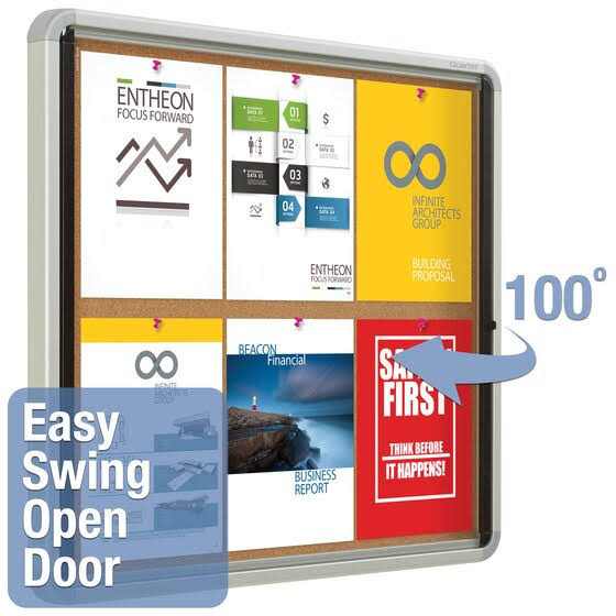 Enclosed Cork Bulletin Board with Swing Door, 30 x 27, Silver Aluminum Frame O406