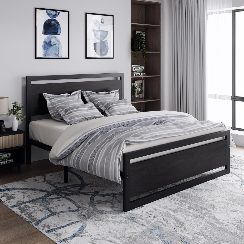 Queen Size Metal Platform Bed Frame with Wooden Headboard Footboard H7338