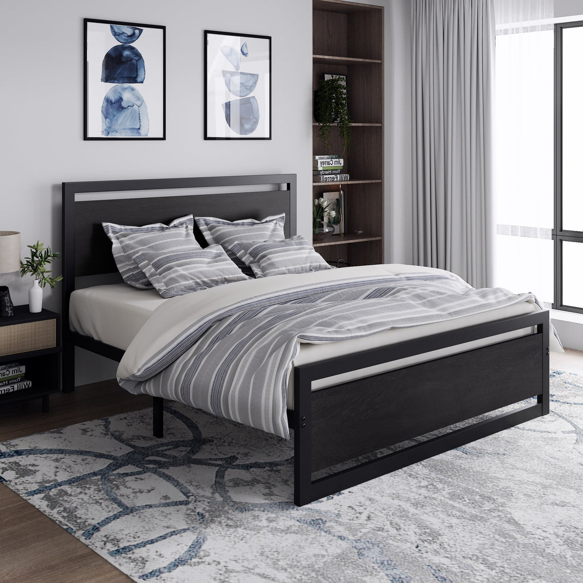 Queen Size Metal Platform Bed Frame with Wooden Headboard Footboard H7338