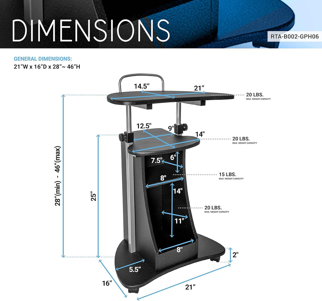 Graphite Sit-to-Stand Rolling Laptop Cart with Storage J7908