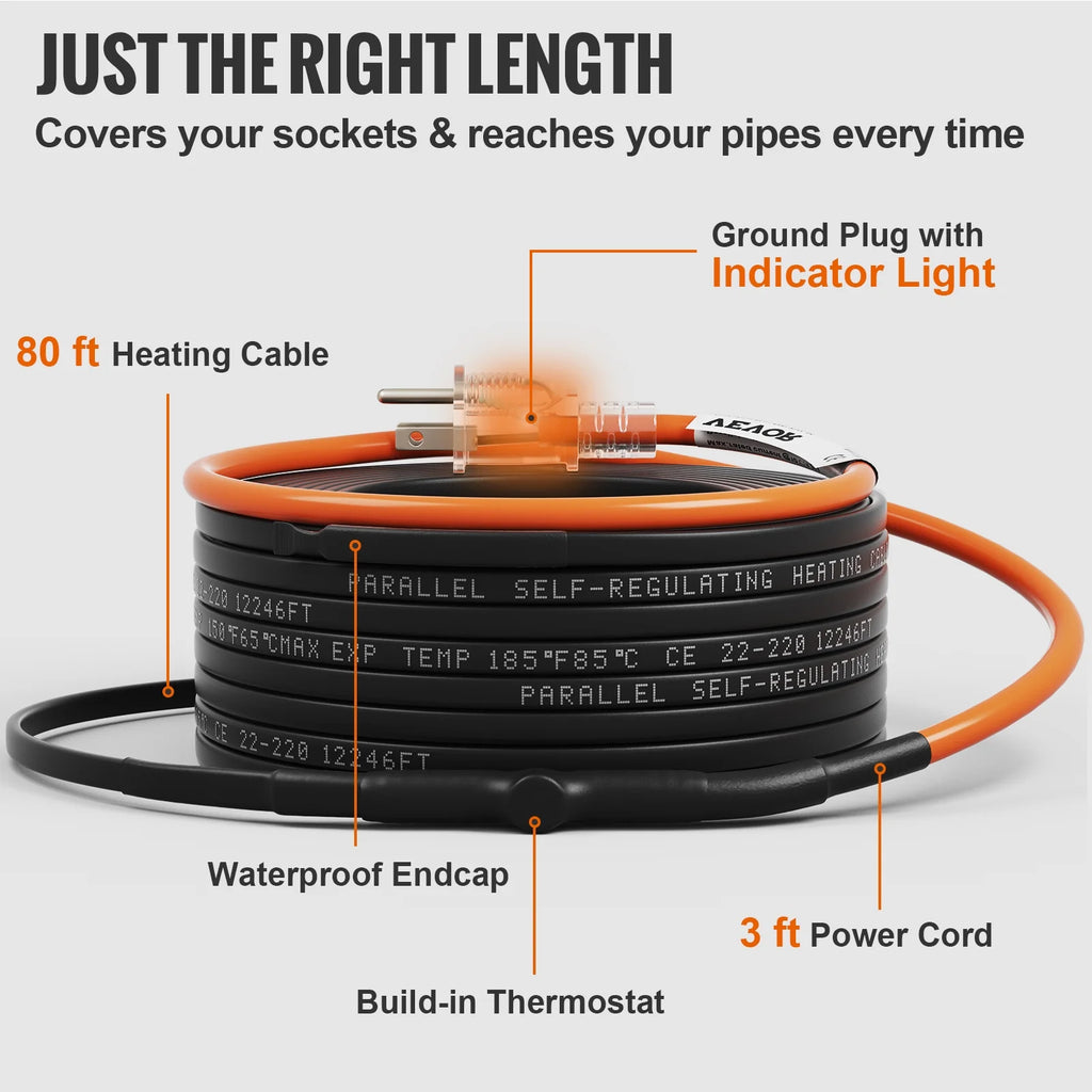 Self-Regulating Pipe Heating Cable, 80-feet 5W/ft, 120V B38184