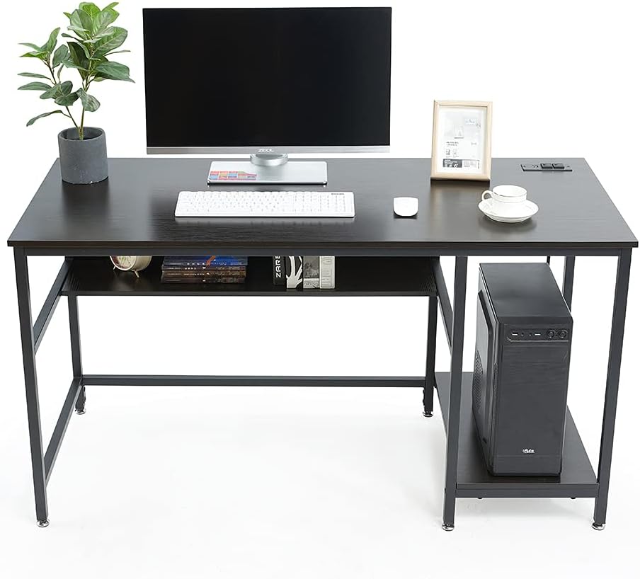 Rustic Brown 55 Inch Computer Desk with Power Outlet and Storage Shelves Q60356