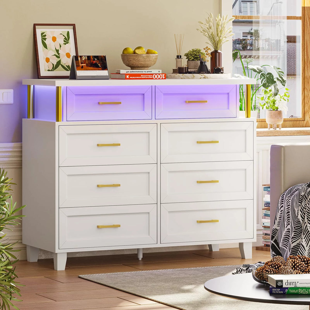 White 8 Drawer Dresser with LED Light A257