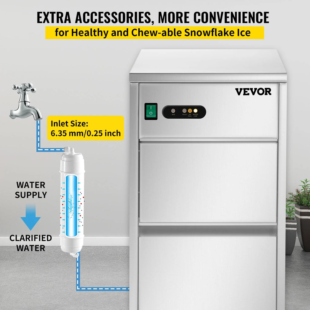 110V Commercial Snowflake Ice Maker 55lbs/24h, Food Grade Stainless Steel, Automatic Operation, Free Standing, Water Filter and Spoon G3292