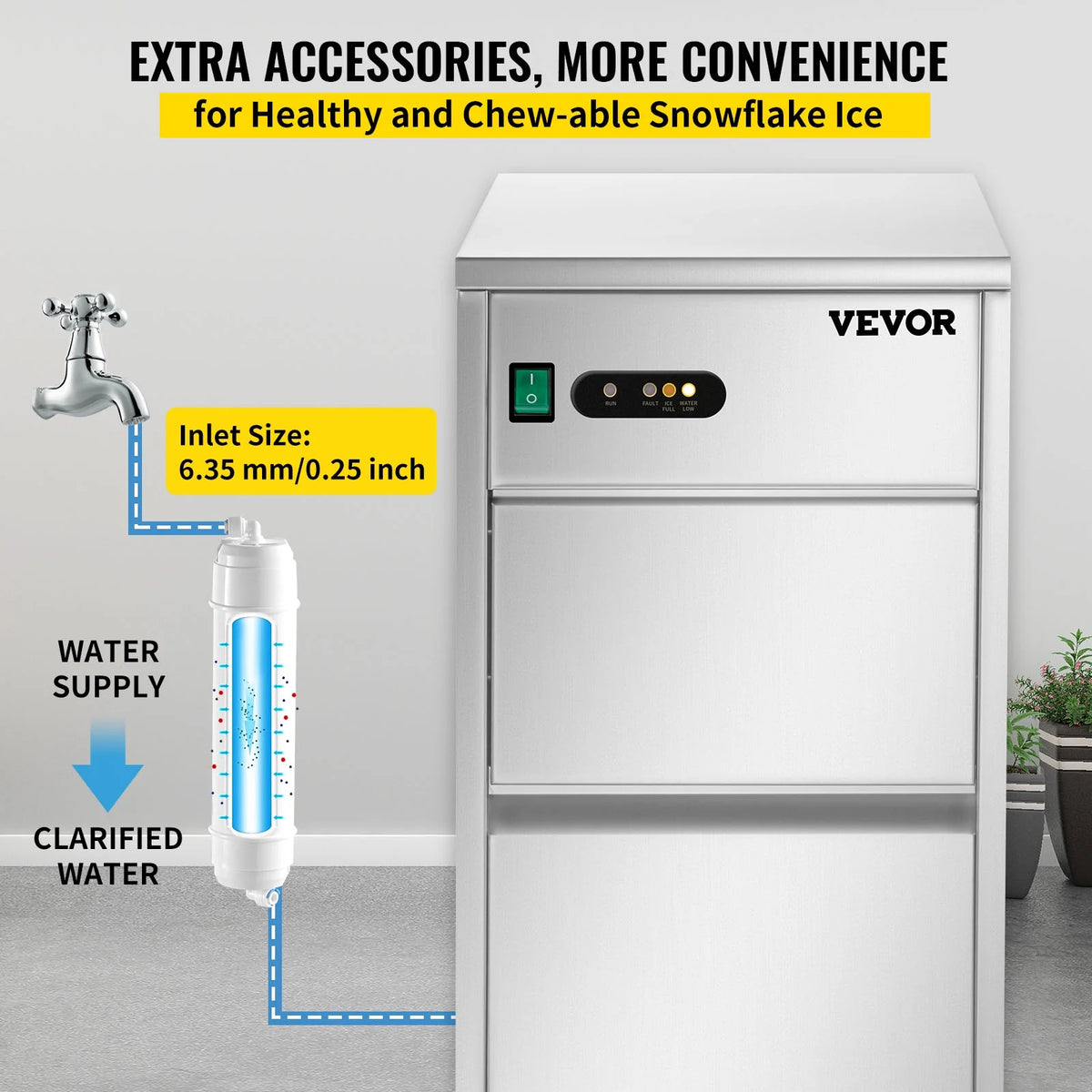 110V Commercial Snowflake Ice Maker 55lbs/24h, Food Grade Stainless Steel, Automatic Operation, Free Standing, Water Filter and Spoon G3292