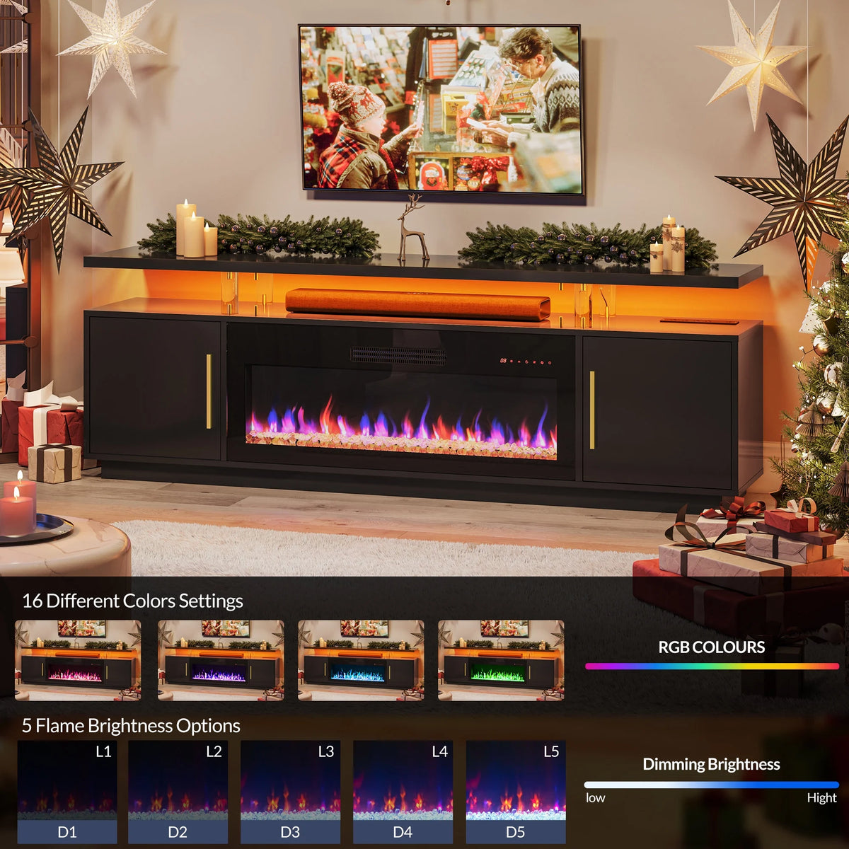 79" TV Stand with Electric Fireplace and Storage Cabinet E948