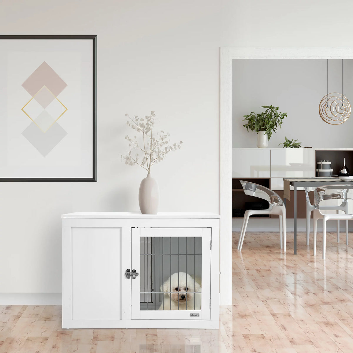 White Dog Crate Furniture End Table with Double Doors Z96591