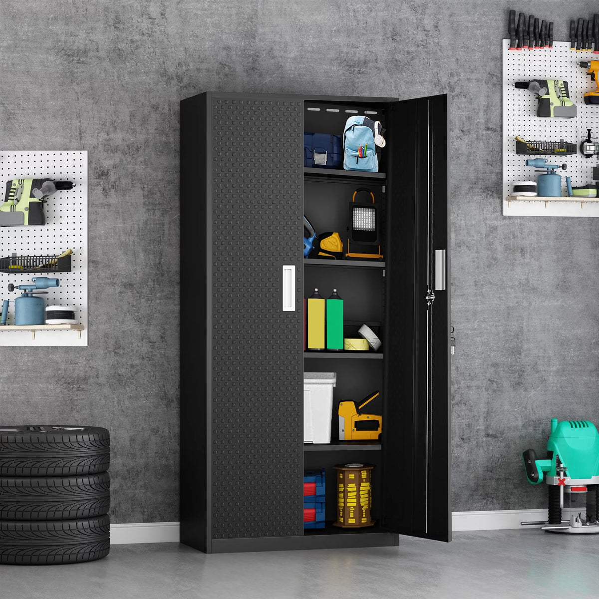 Tall Metal Storage Garage Cabinets with Locking Doors and 4 Adjustable Shelves S357741