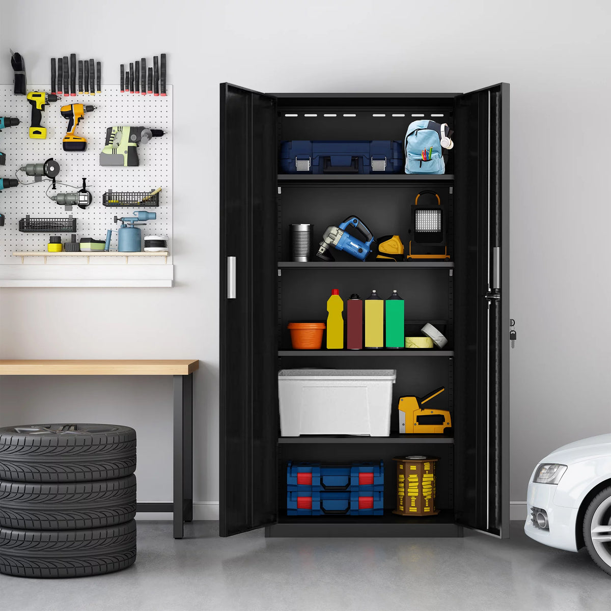 Tall Metal Storage Garage Cabinets with Locking Doors and 4 Adjustable Shelves S357741