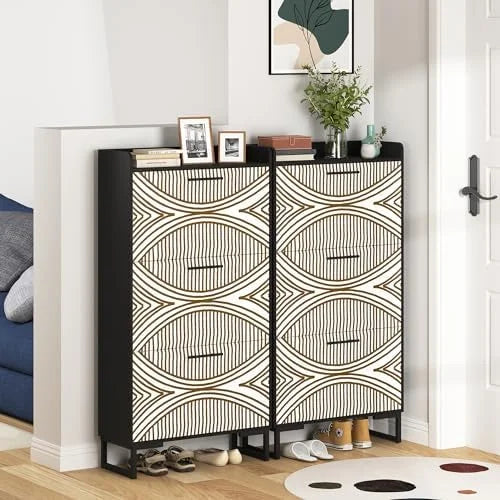 White Slim Shoe Cabinet with 3 Flip Drawers H82595
