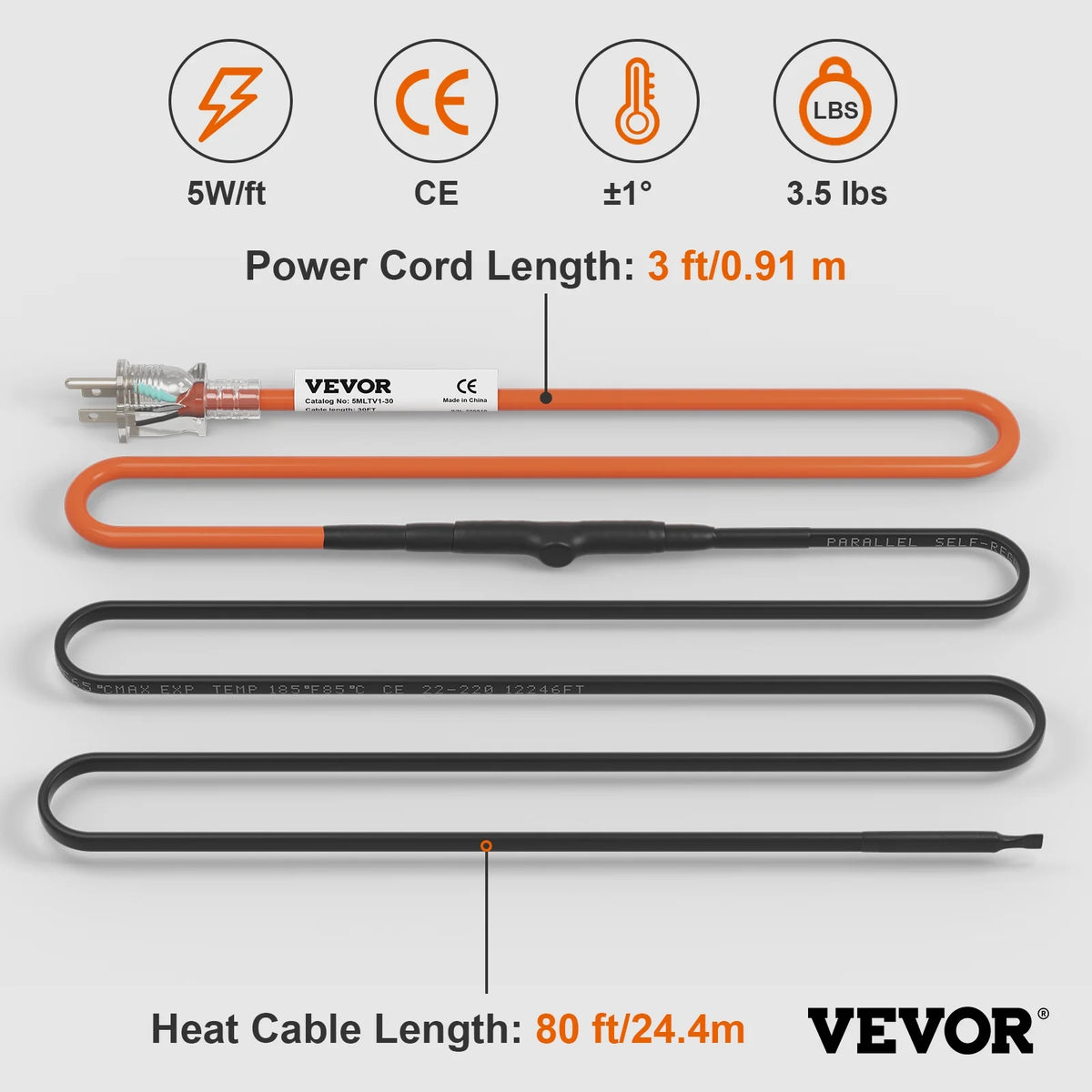Self-Regulating Pipe Heating Cable, 80-feet 5W/ft, 120V B38184
