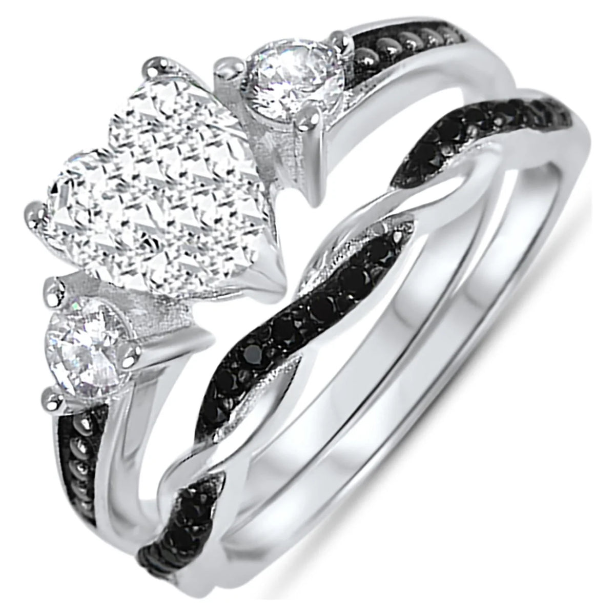 3 Piece Sterling Silver Black Wedding Band Engagement Ring Set U510