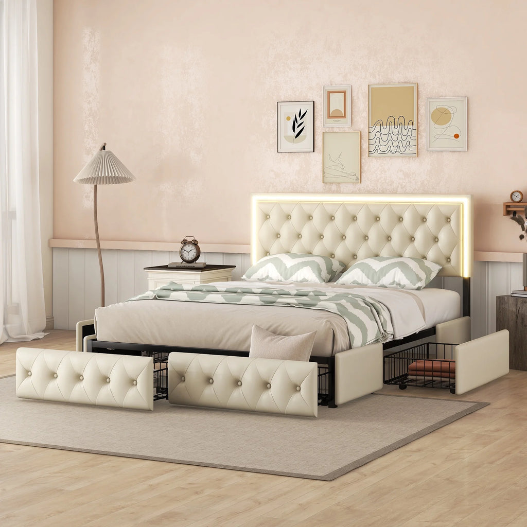 Queen Upholstered Bed Frame with 4 Storage Drawers O2974