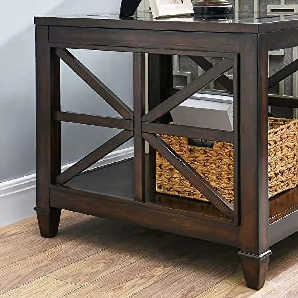 Rustic Brown End Table with Tempered Glass R582
