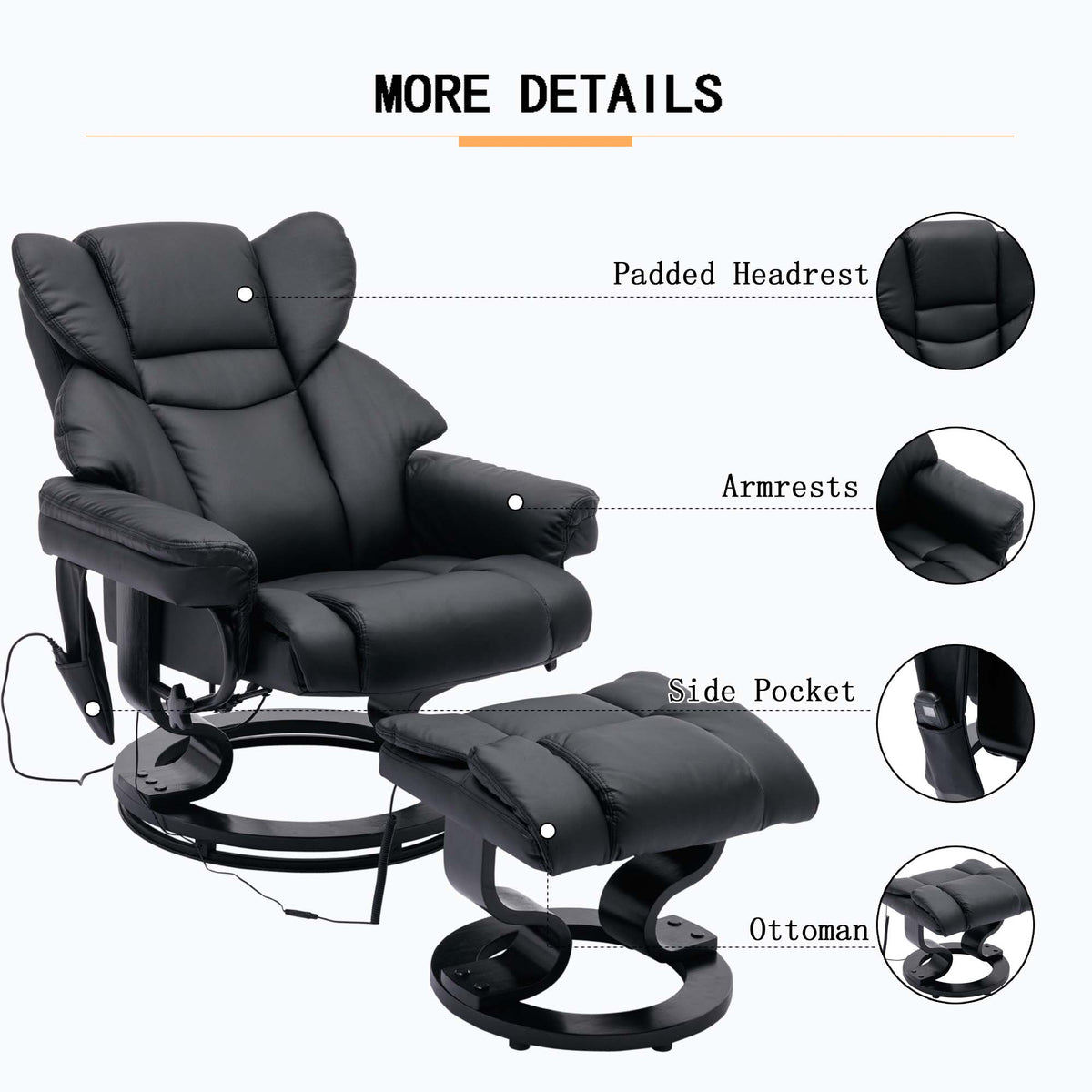Black PU Massage Recliner Office Chair with Ottoman R1339