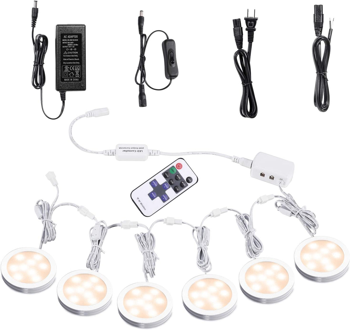 Under Cabinet LED Puck Lights with Wireless RF Remote Control, Hardwired & Wall Plug in, Daylight White, 6 Lights, Pack of 2 S4251