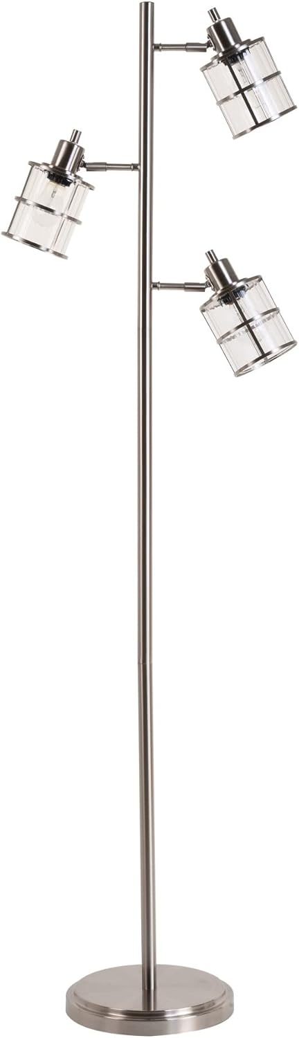 Modern 3 Floor Lamp with Adjustable Ribbed Glass Shades, 68 in, Brushed Nickel R6206