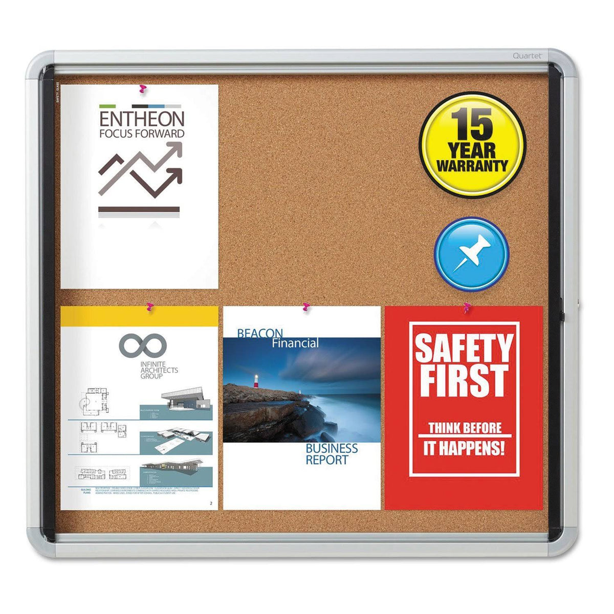Enclosed Cork Bulletin Board with Swing Door, 30 x 27, Silver Aluminum Frame O406