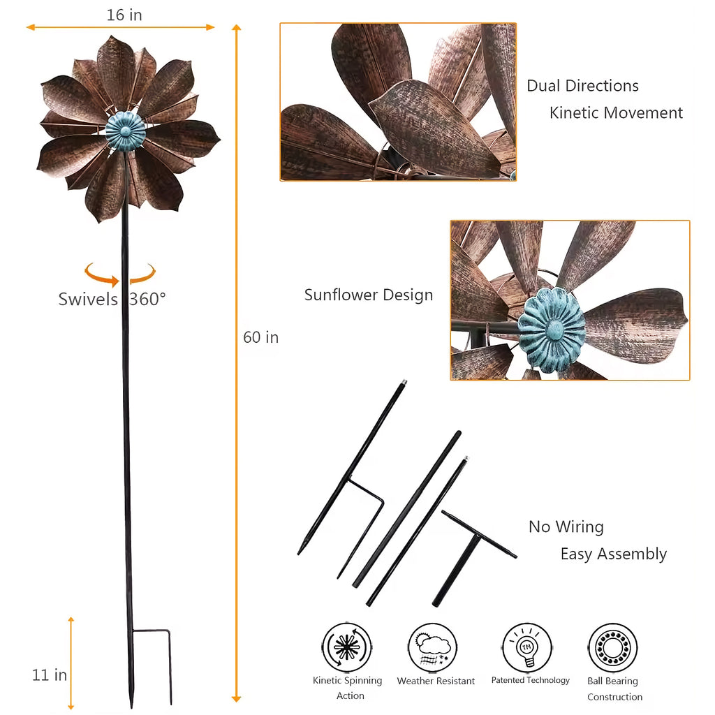 60 inch Metal Wind Spinner with Bronze Leaves and Blue Flower Core C5456