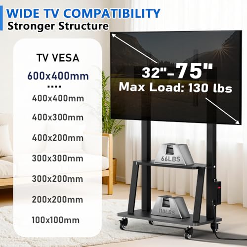 Black Rolling TV Stand with Power Outlet, Height Adjustable for 32-75 inch TV P40381