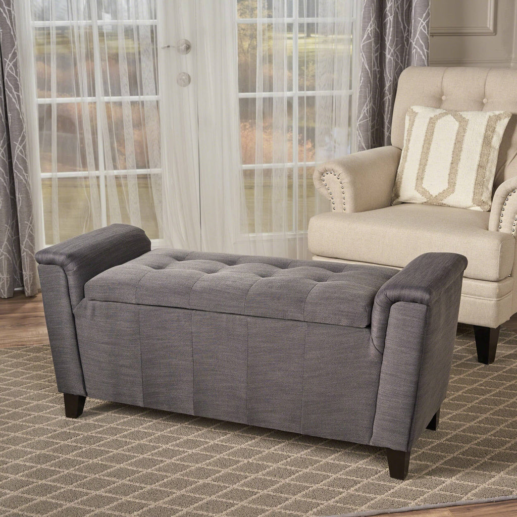 Tufted Fabric Armed Storage Ottoman Bench H514779