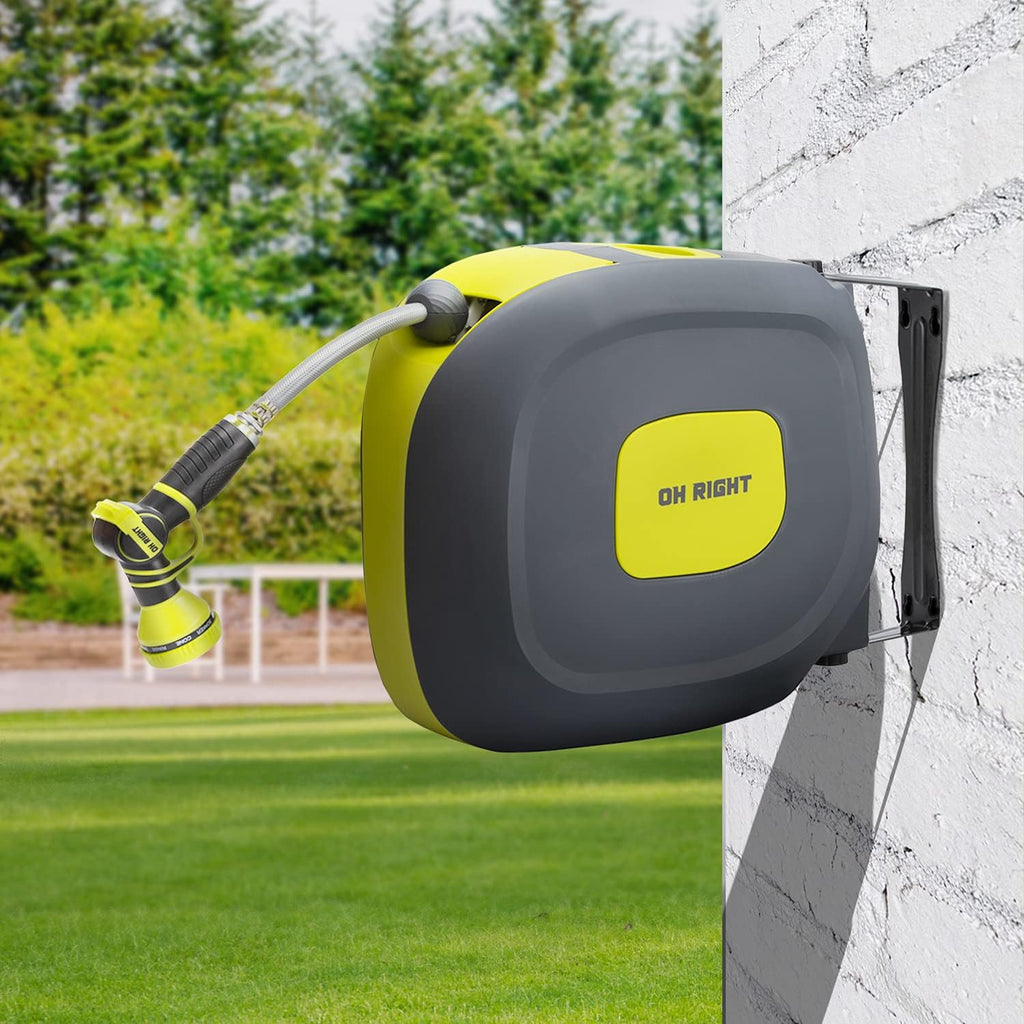 Retractable Garden Hose Reel 1/2" 115'+5' with 180° Swivel Metal Bracket, Wall Mounted Water Hose Reel with 9 Pattern Nozzle K91943